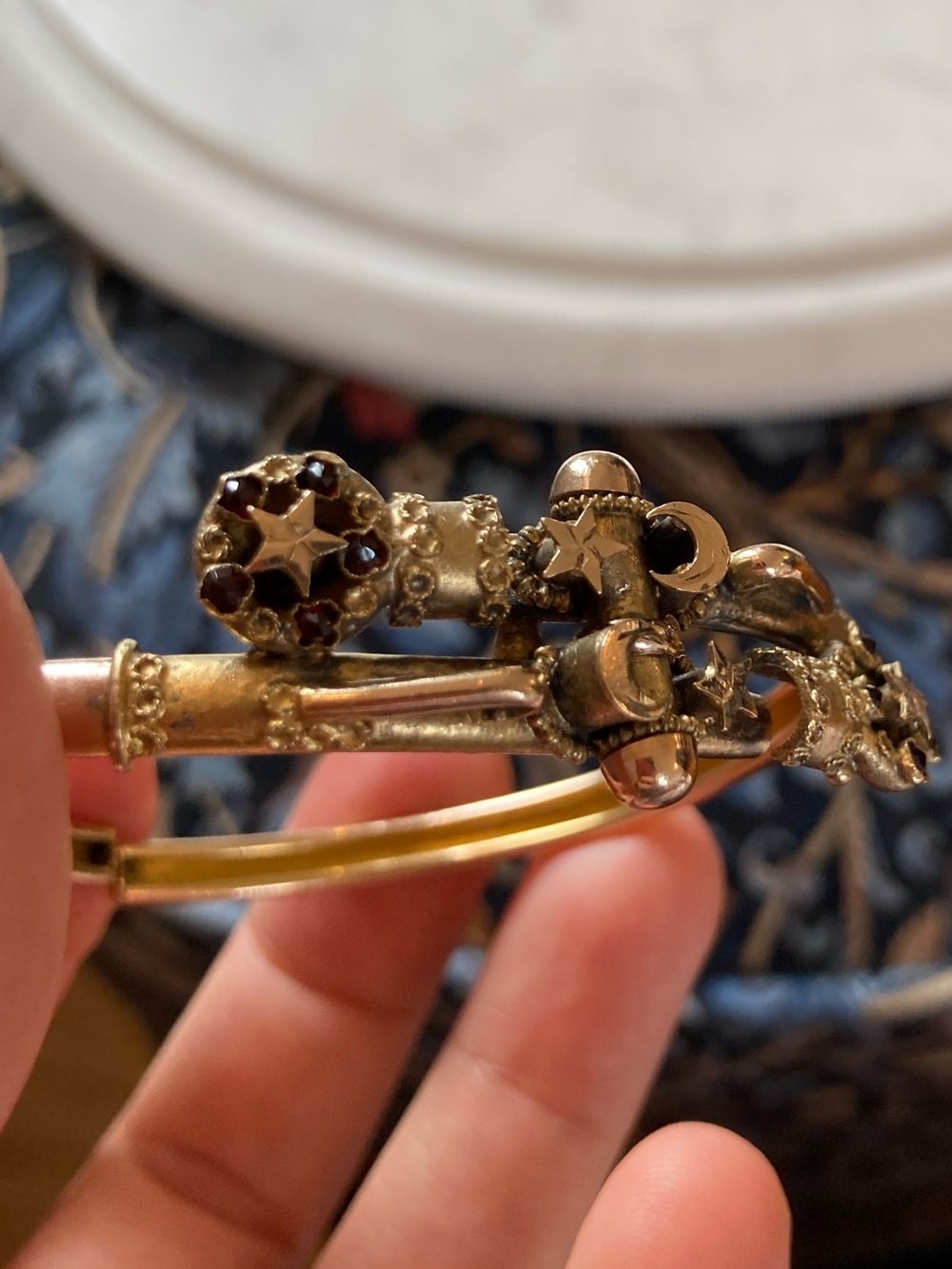 Antique Victorian Celestial Rose-Cut Garnet Crescent Moon & Stars GF Bracelet - Picture 10 of 16